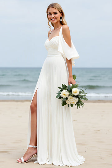 A Line White Cold Shoulder Pleated Beach Wedding Dress